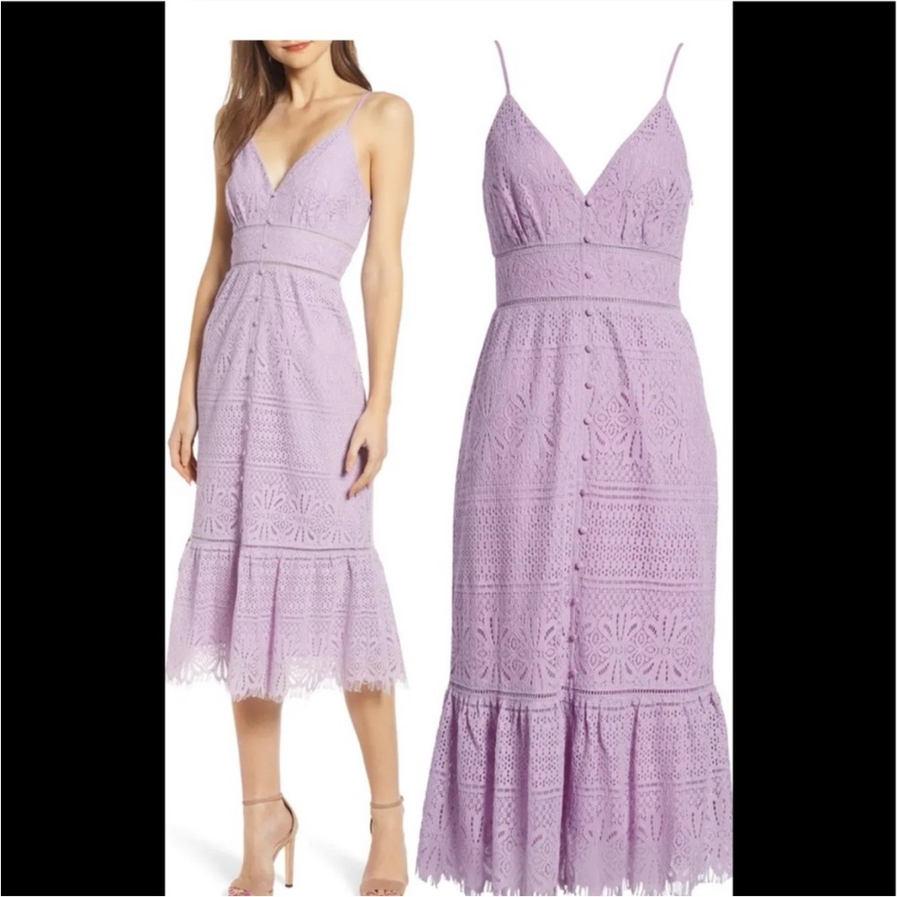 4SI3NNA Lavender Button Down Lace Midi Dress